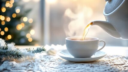 Cozy winter morning with tea pouring into cup by frosted window - Powered by Adobe