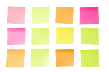 Collection of colorful sticky notes isolated on transparent background. Yellow sticky note isolated on white background.