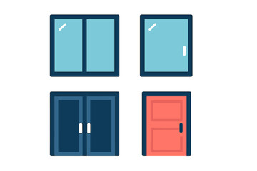 Collection of flat stylized icons representing modern windows and doors architectural elements