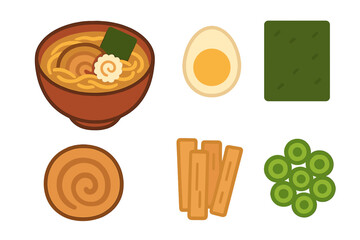 Traditional Japanese ramen noodle soup bowl with separate ingredients like egg, nori, and meat