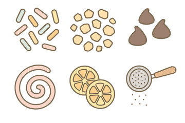 Collection of sweet baking ingredients and kitchen tools like sprinkles chocolate chips and lemon slices