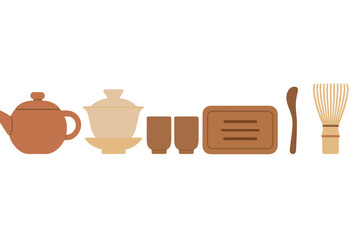 Traditional Asian tea ceremony set with teapot gaiwan cups and matcha tools