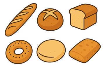 Collection of popular baked goods including baguette, sliced loaf, round roll, and bagel