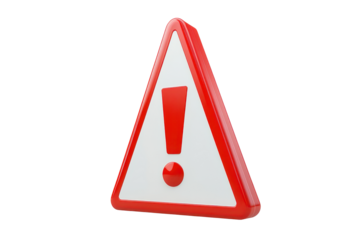 Red triangular warning sign with exclamation mark isolated on transparent background. Warning sign with an exclamation mark isolated on white background, 3d rendering.
