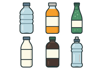 Variety set of six different beverage bottles and liquid containers