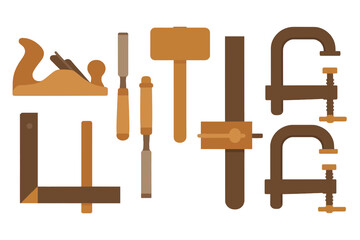 Essential carpentry and woodworking tools including plane, chisel, mallet, and clamps