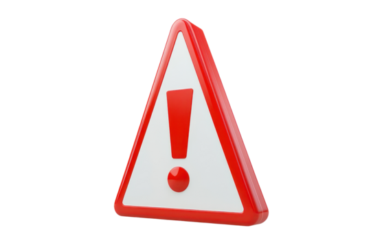 Red triangular warning sign with exclamation mark isolated on transparent background. Warning sign with an exclamation mark isolated on white background, 3d rendering.