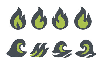 Abstract graphic symbols representing fire and water elements in a modern color palette