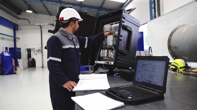 Engineer operating testing equipment in a workshop