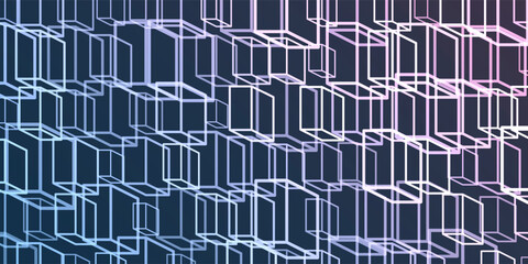 A vibrant abstract pattern of layers of repeating 3D cubes in purple, brown and blue placed on a dark blue background. The bold geometric design and contrasting colors create a striking modern visual.