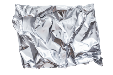 Shiny silver foil wrapped object isolated on transparent background. Blank plastic foil pouches mockup isolated on white background.