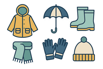 Essential autumn and winter clothing items including rain jacket, rubber boots, umbrella, scarf, and gloves