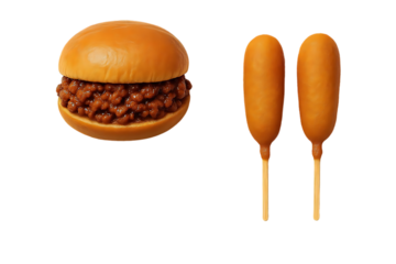 Sloppy joe sandwich and two corn dogs isolated on white background