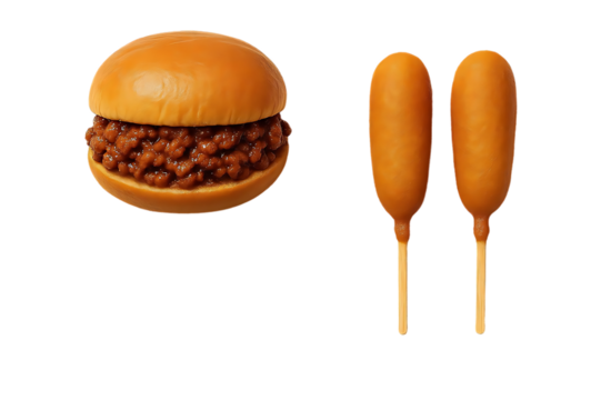 Sloppy joe sandwich and two corn dogs isolated on white background