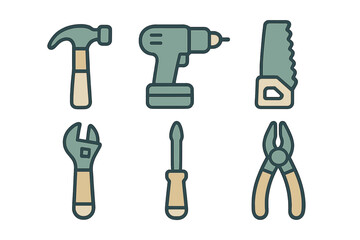 Essential construction and repair tools set featuring hammer, drill, saw, wrench, screwdriver, and pliers