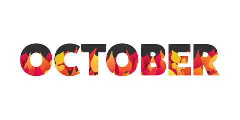 Large October Typography or Banner Design, Template with Colorful Leaves. Colors: Red, Orange, Brown - Vector Template Design Isolated on White Background - Design Element for Calendar or Web