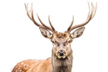 Majestic red deer stag head with antlers isolated on transparent background. Antlers isolated on white background.