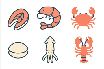 Colorful collection of six marine seafood items: salmon, shrimp, crab, clam, squid, and lobster