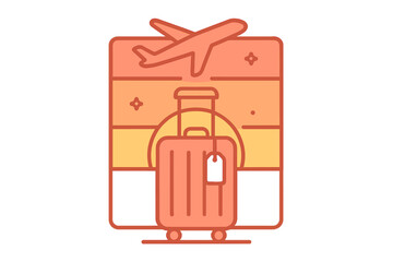 Luggage suitcase with airplane flying over warm sunset sky for vacation planning
