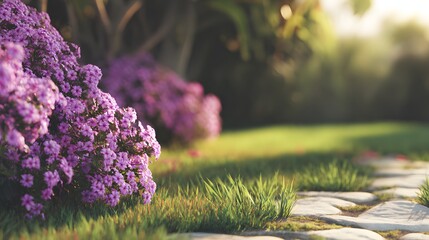 Beautiful flowering purple plants dominate the foreground, their blooms cascading over lush green grass, near a pathway made of stone; a soft, diffused light bathes the scene.