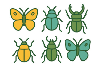 Colorful stylized insect collection featuring butterflies and various beetles