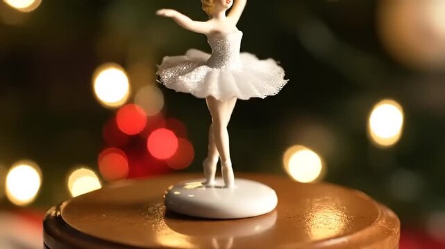 Ballerina figurine spins gracefully atop a vintage music box against a festive Christmas tree backdrop, evoking a sense of nostalgia and holiday magic.