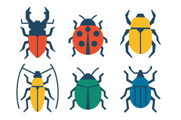 Vibrant set of six different beetles and insects in a modern geometric flat design