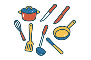 Colorful collection of essential kitchen tools and cooking equipment set