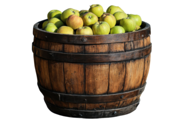 Bowl of green apples isolated on transparent background. Apples in a wooden barrel isolated on white background.