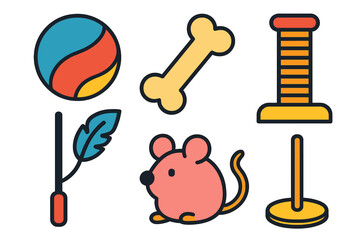 Collection of colorful pet toys and accessories icons including a ball, bone, mouse, and scratching post