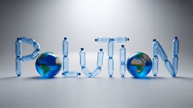 Plastic pollution concept with bottles forming word and globe symbolizing environmental issue
