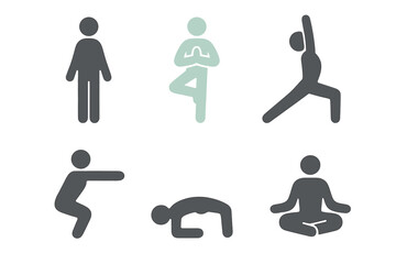 Set of minimalist human figures demonstrating yoga and fitness poses for exercise and wellness