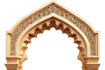 Ornate wooden double doors with arched entryway isolated on transparent background. Arabic arch gate isolated on white background.