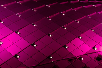 geometric, metallic surface featuring a grid pattern of square tiles. The tiles are illuminated with vibrant lighting, creating a dynamic, abstract and visually striking, modern architectural facade © Roberto Sorin