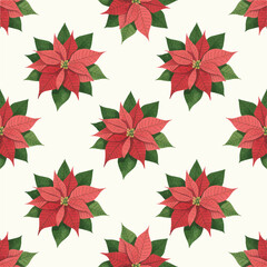 Seamless pattern of vibrant red poinsettia flowers with green leaves on a light background