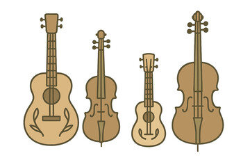 Fototapeta premium Collection of string instruments: guitar, violin, ukulele, and upright bass