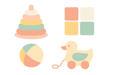Collection of cute pastel colored baby toys including stacking rings ball and wooden duck