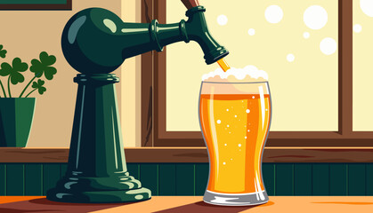 Beer tap pouring golden lager into glass on wooden bar surface, Octoberfest  
