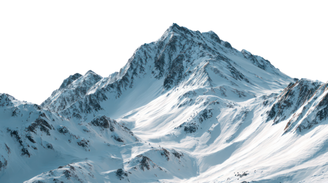 Winter Alpine Mountain Range with Snow Textures and Shadows on Transparent Background
