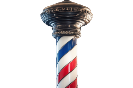 Classic red white and blue barber pole isolated on transparent background. Barbershop pole isolated on white background.