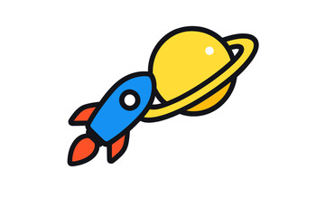 Blue rocket ship flying past a yellow ringed planet in outer space