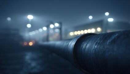 A large pipe extends into an industrial area at night, illuminated by streetlights and a hazy fog