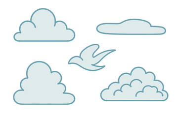 Collection of various stylized fluffy clouds and a small simple bird flying
