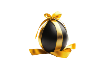 Elegant black easter egg with golden bow isolated on transparent background. Black egg with a gold ribbon isolated on white background.