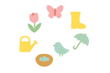 Pastel colored spring elements including flowers, birds, rain gear, and gardening equipment
