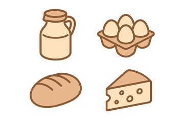 Simple icons of essential breakfast and baking ingredients: milk, eggs, bread, and cheese