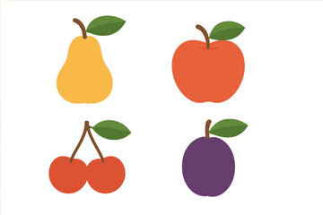 Four colorful fruits including a yellow pear, red apple, purple plum, and bright red cherries