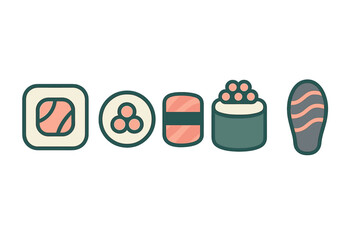 Assortment of stylized sushi icons featuring maki rolls, nigiri, and salmon roe © icon_art