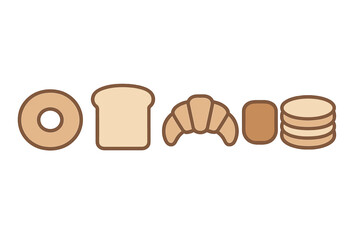 Minimalist icons of common breakfast foods including bagel, sliced bread, croissant, and stacked pancakes