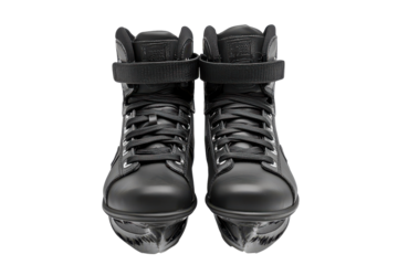 Pair of black textured high heel boots isolated on transparent background. Black ice hockey skates isolated on white background.